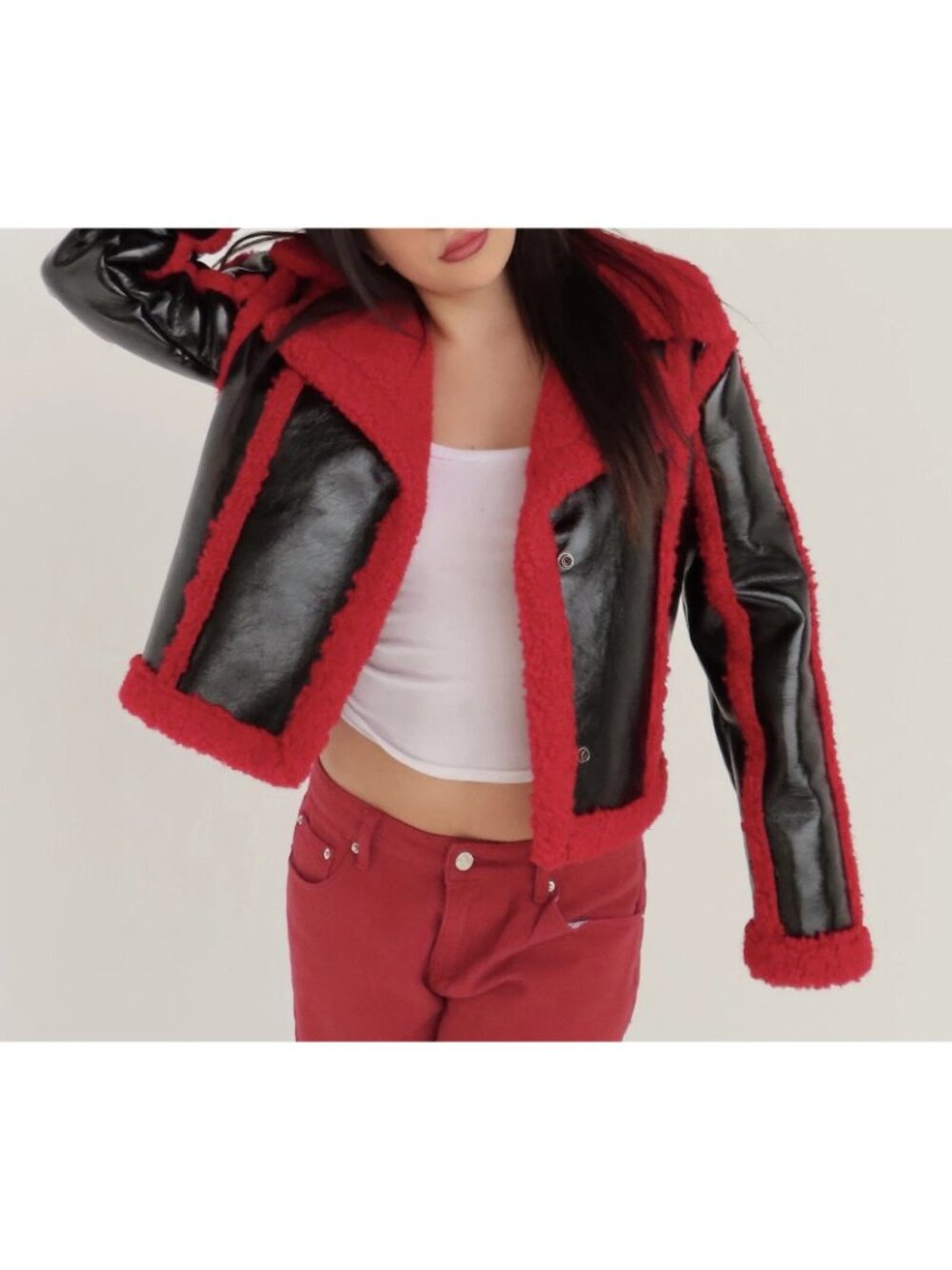 7 For All Mankind Faux Patent Leather Sherpa Moto Jacket Women's XS New with Tag - Picture 3 of 5